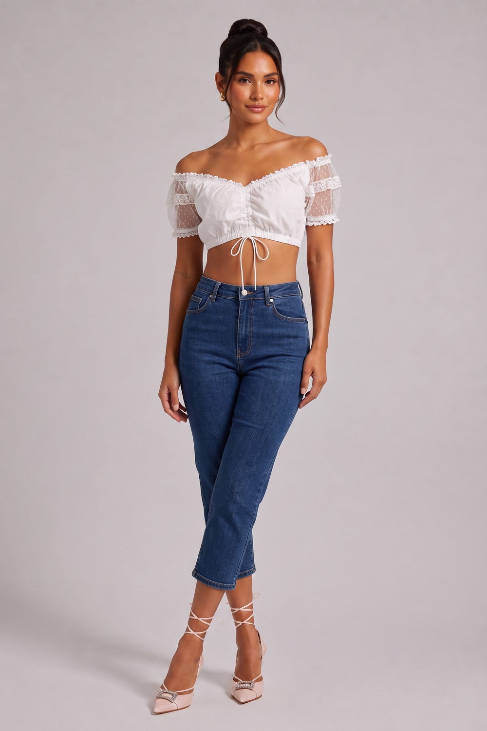 8ebf927c373095c3 WHITE COTTON BLEND CROPPED BLOUSE WOVEN TOP