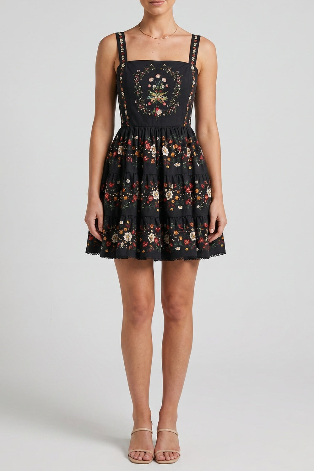 8ec5b6c7d8ad9ae5 SQUARE NECK FLORAL TIERED SPAGHETTI STRAP MINI DRESS