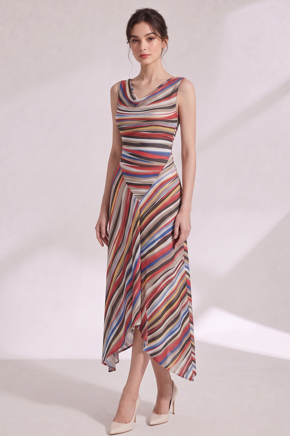8f031037d7f61ae7 MULTICOLOR STRIPED COWL NECK KNIT DRESS