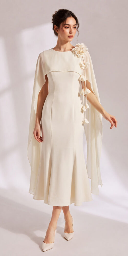 8f3b267bf0c7b45c 3D FLORAL CHIFFON CAPE MIDI MERMAID DRESS