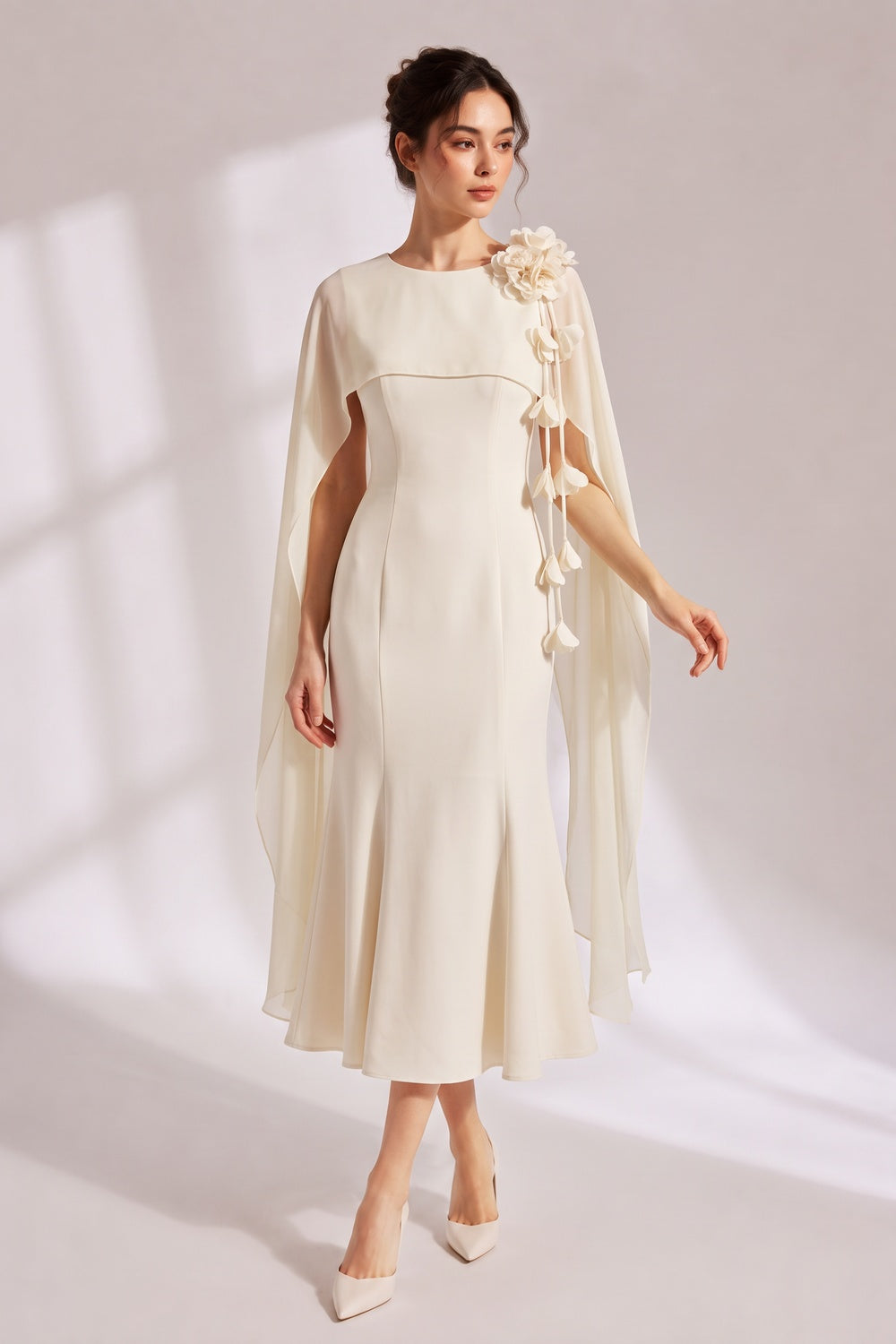 8f3b267bf0c7b45c 3D FLORAL CHIFFON CAPE MIDI MERMAID DRESS