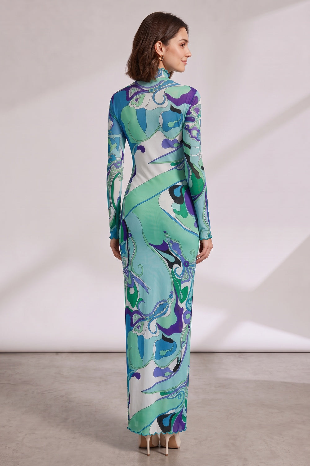 8f5891f4cc19f51e RETRO SWIRL MESH HIGH NECK MAXI DRESS
