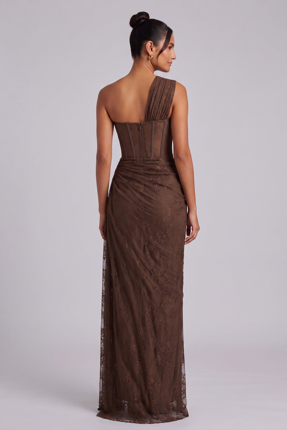 CHOCOLATE BROWN FLORAL LACE COLUMN DRESS