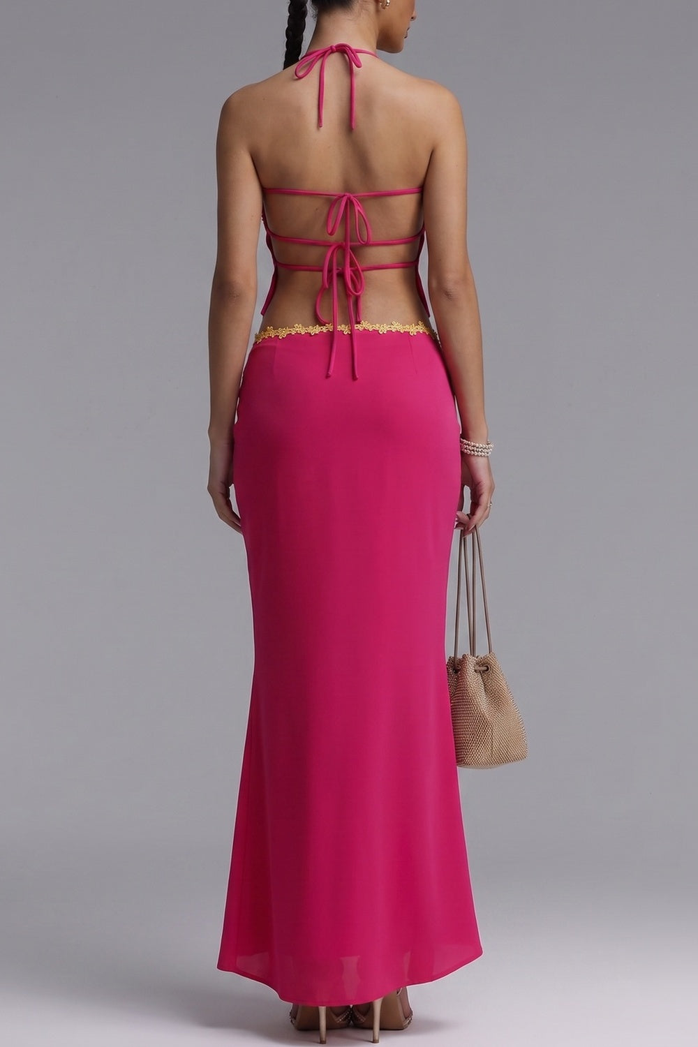 HOT PINK BEADED HALTER TOP & MERMAID MAXI SKIRT SET