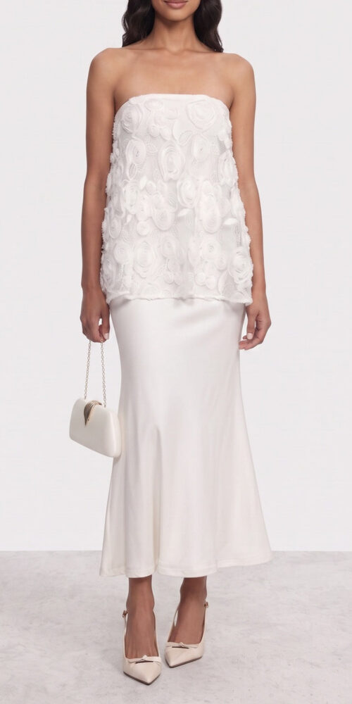 902789ccb7201a94 STRAPLESS LACE MIDI MERMAID SKIRT SET FOR WEDDING GUEST