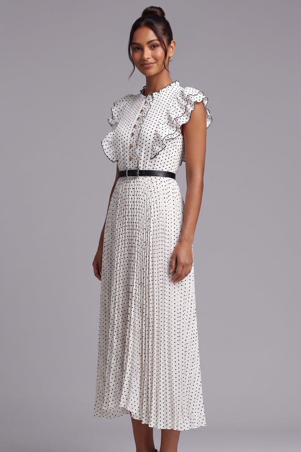 90f222c4fe0e2fc7 POLKA DOT RUFFLE SLEEVE MIDI DRESS FOR WEDDING GUEST
