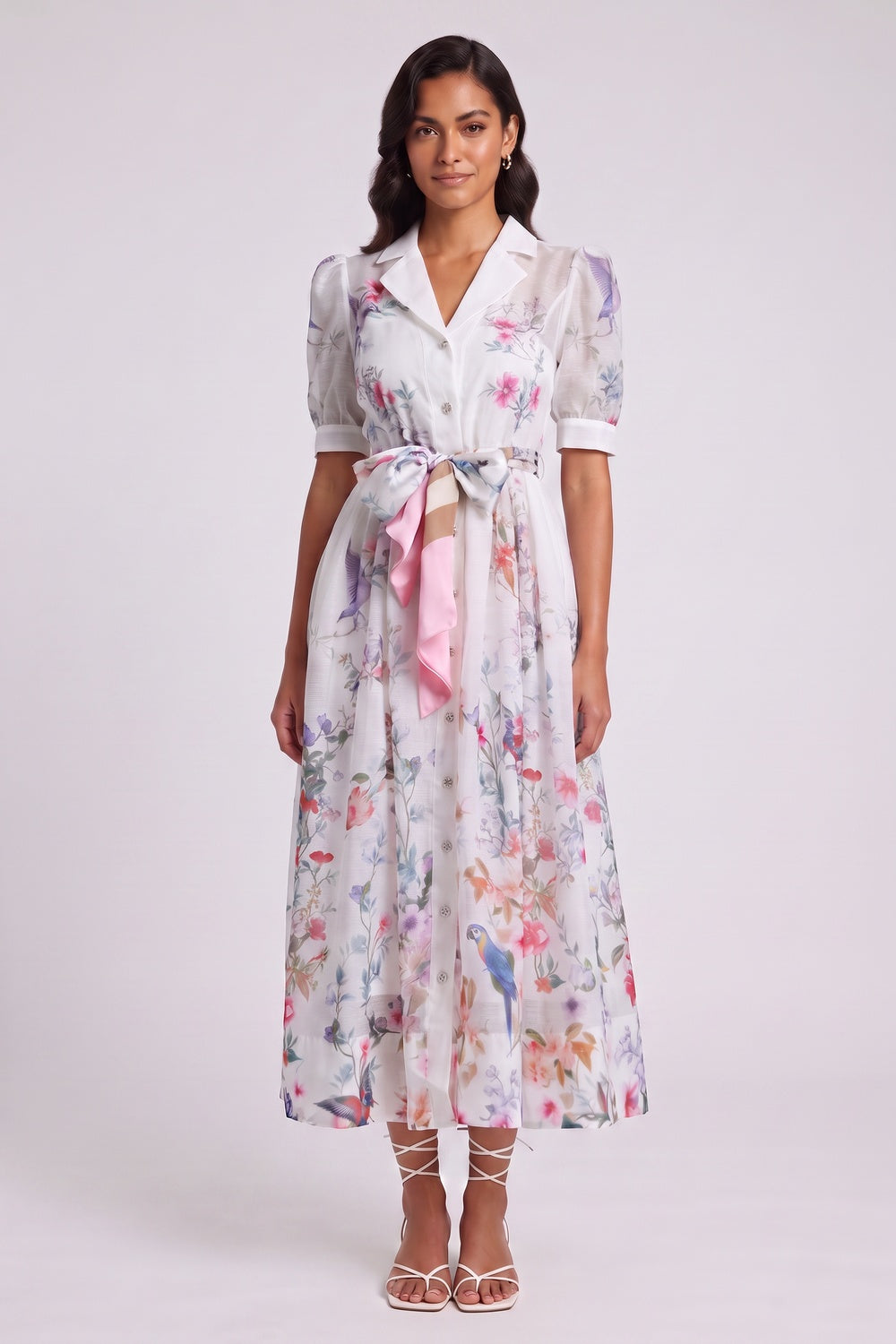 910f7d68988a155a WHITE BOTANICAL PRINT A-LINE MIDI DRESS PUFF SLEEVES