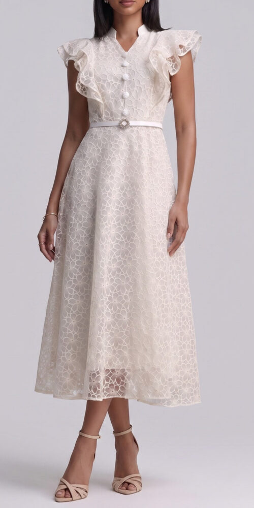 9131888601f82dc4 MANDARIN COLLAR LACE MIDI DRESS WITH RUFFLE SLEEVE & BELT