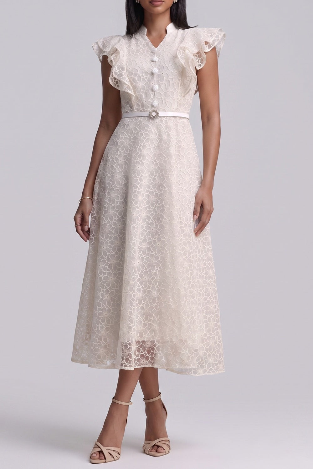 9131888601f82dc4 MANDARIN COLLAR LACE MIDI DRESS WITH RUFFLE SLEEVE & BELT