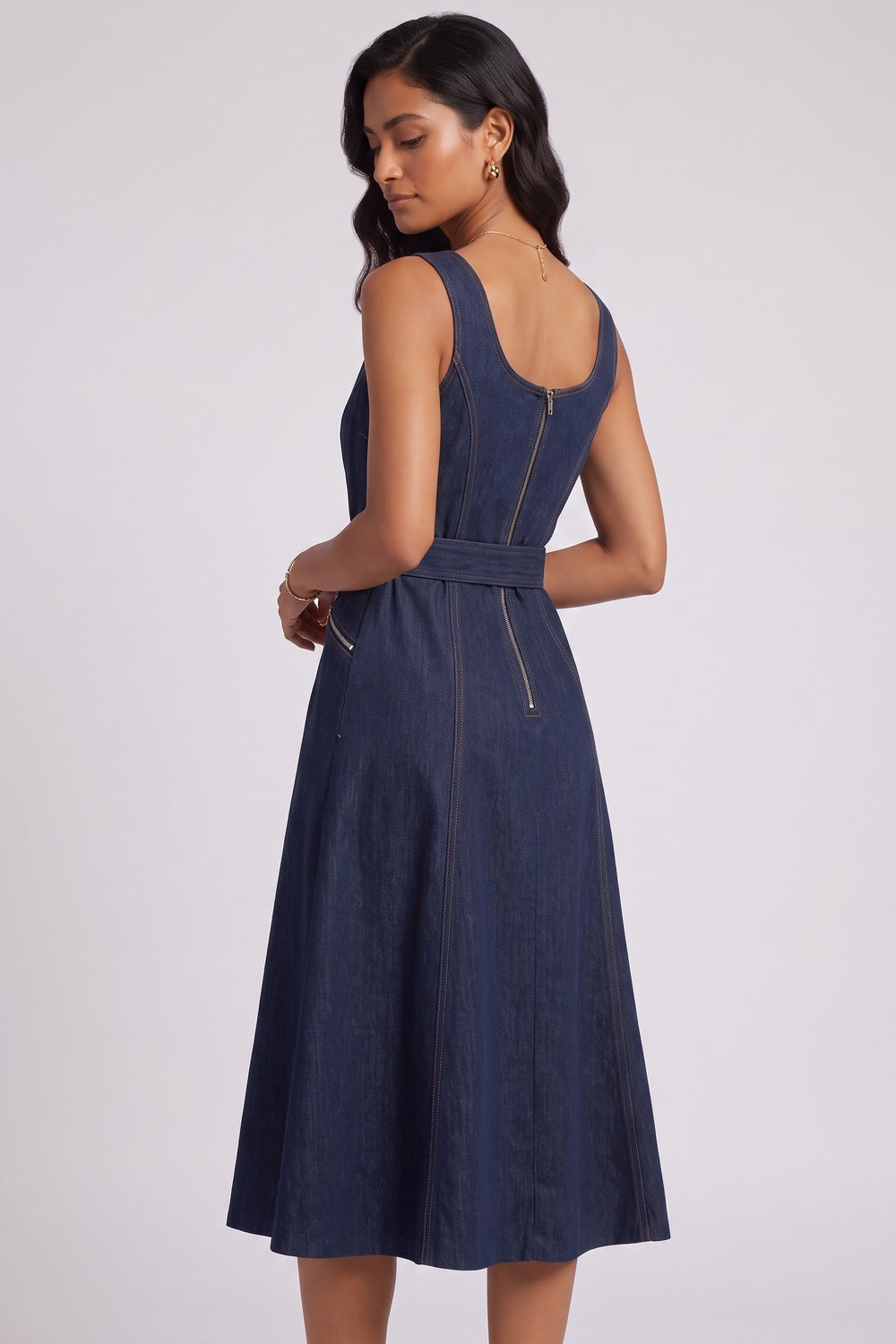 91edd858c2953ede DARK BLUE DENIM FIT-AND-FLARE MIDI DRESS FOR WEDDING GUEST