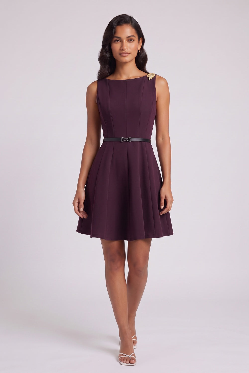 92160631283220ce DEEP PLUM FIT-AND-FLARE CREPE MINI DRESS