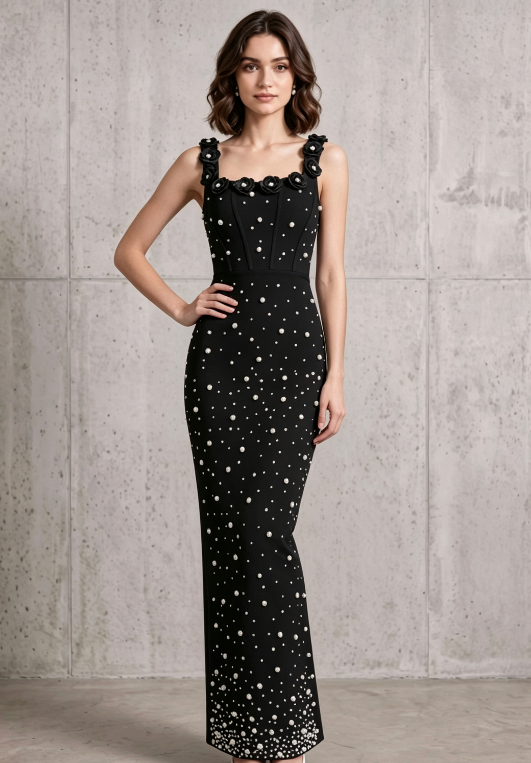 92237dadcf8b8280b3f415976df2fdcb BLACK COLUMN MAXI DRESS PEARL EMBELLISHED FORMAL