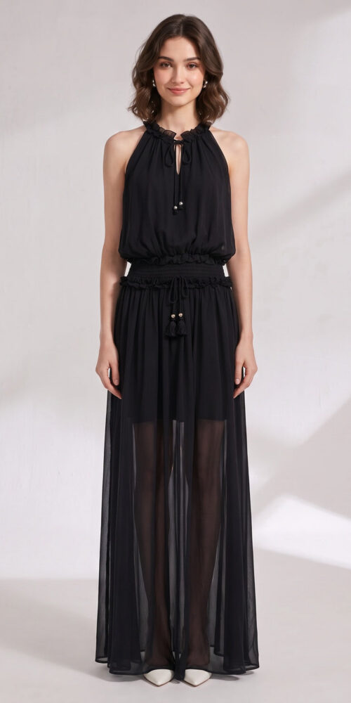 924db95681556dc7 BLACK CHIFFON A-LINE BLOUSON MAXI DRESS