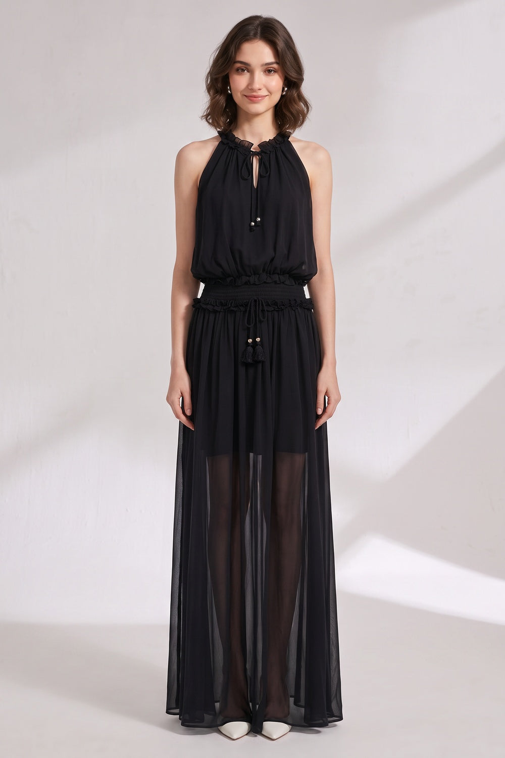 924db95681556dc7 BLACK CHIFFON A-LINE BLOUSON MAXI DRESS
