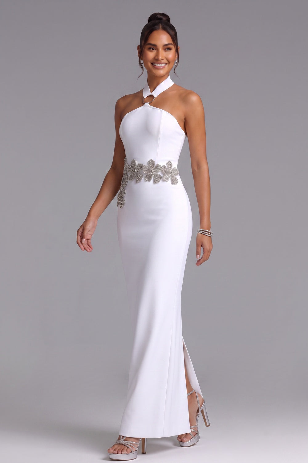 924f47a74912f4cc SILVER FLORAL WHITE CREPE COLUMN GOWN - EVENING