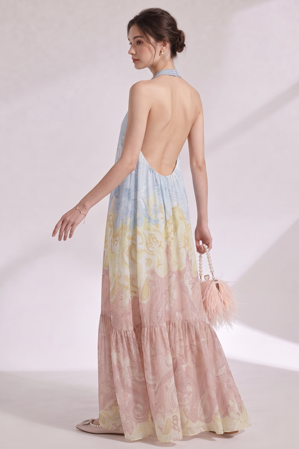 927661b4cd67bdca PASTEL OMBRÉ CHIFFON HALTER TIERED MAXI DRESS