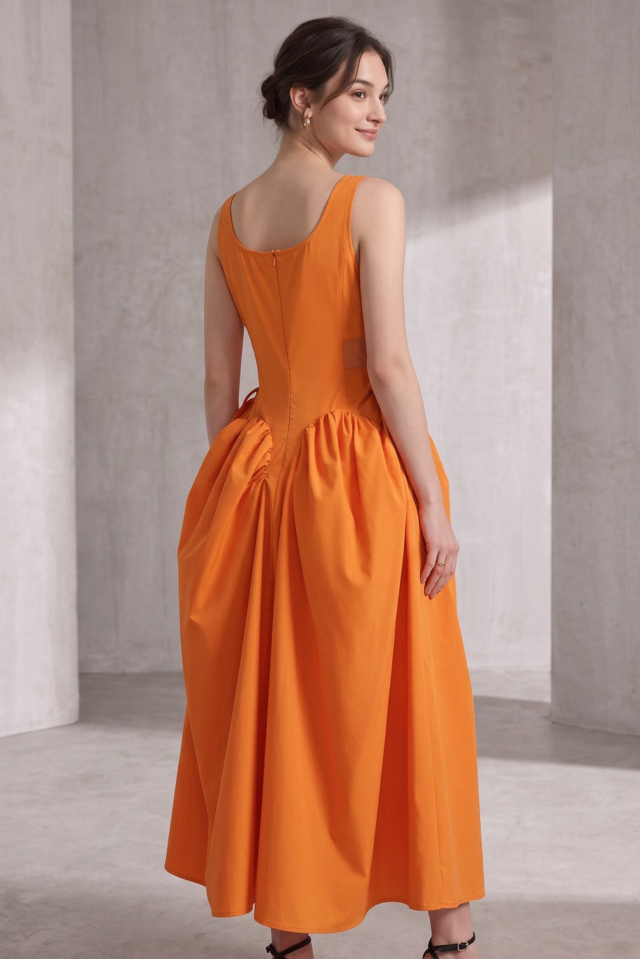 9305b0b3989e129f BRIGHT ORANGE FIT-AND-FLARE MIDI DRESS