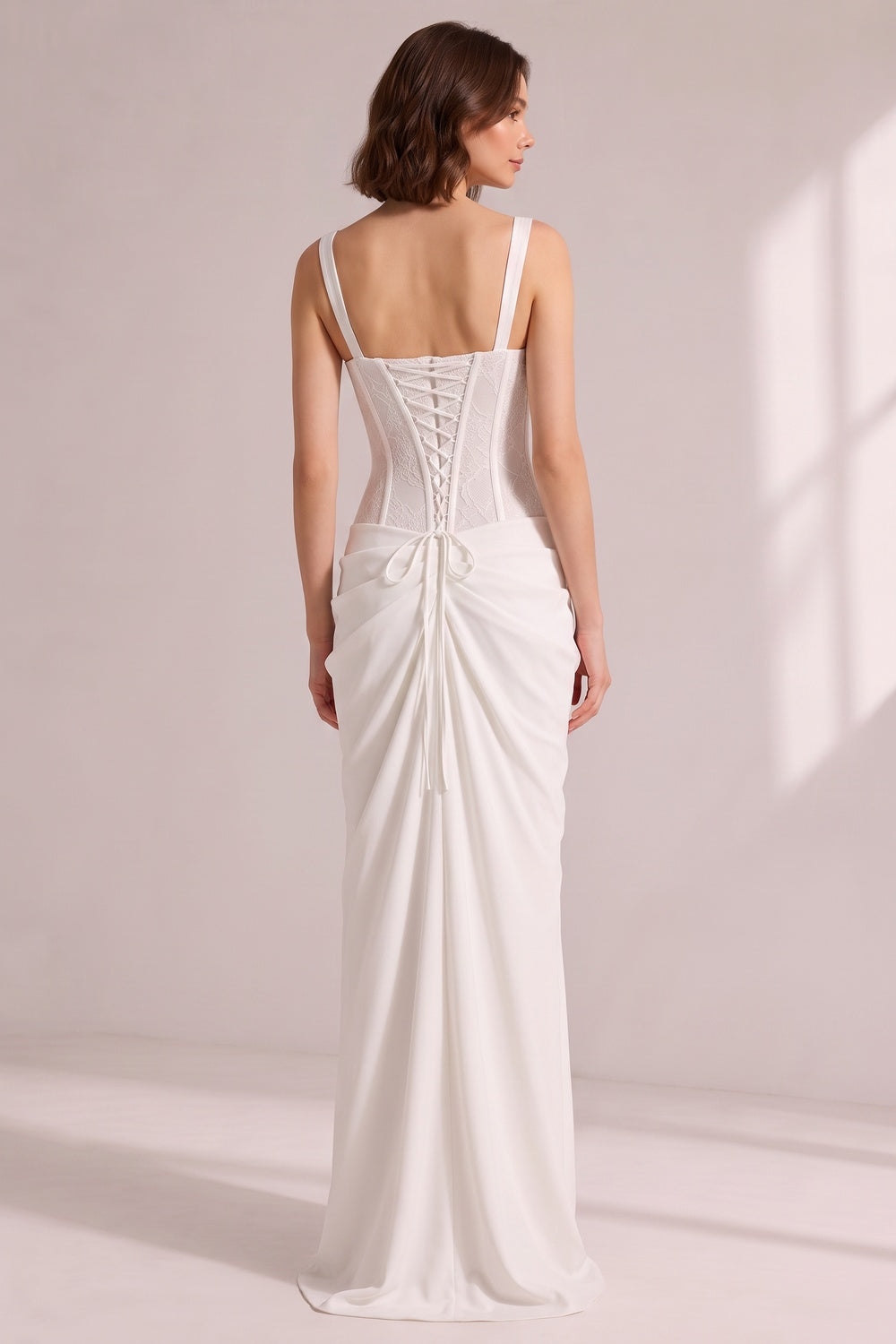 934f122669f1e00b WHITE LACE CORSET SATIN DRAPED MAXI GOWN