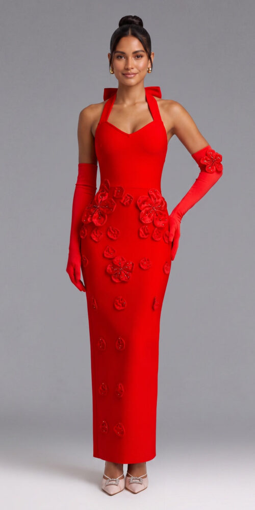 9356b83b54e3bab1 RED HALTER 3D FLORAL FLOOR-LENGTH GOWN