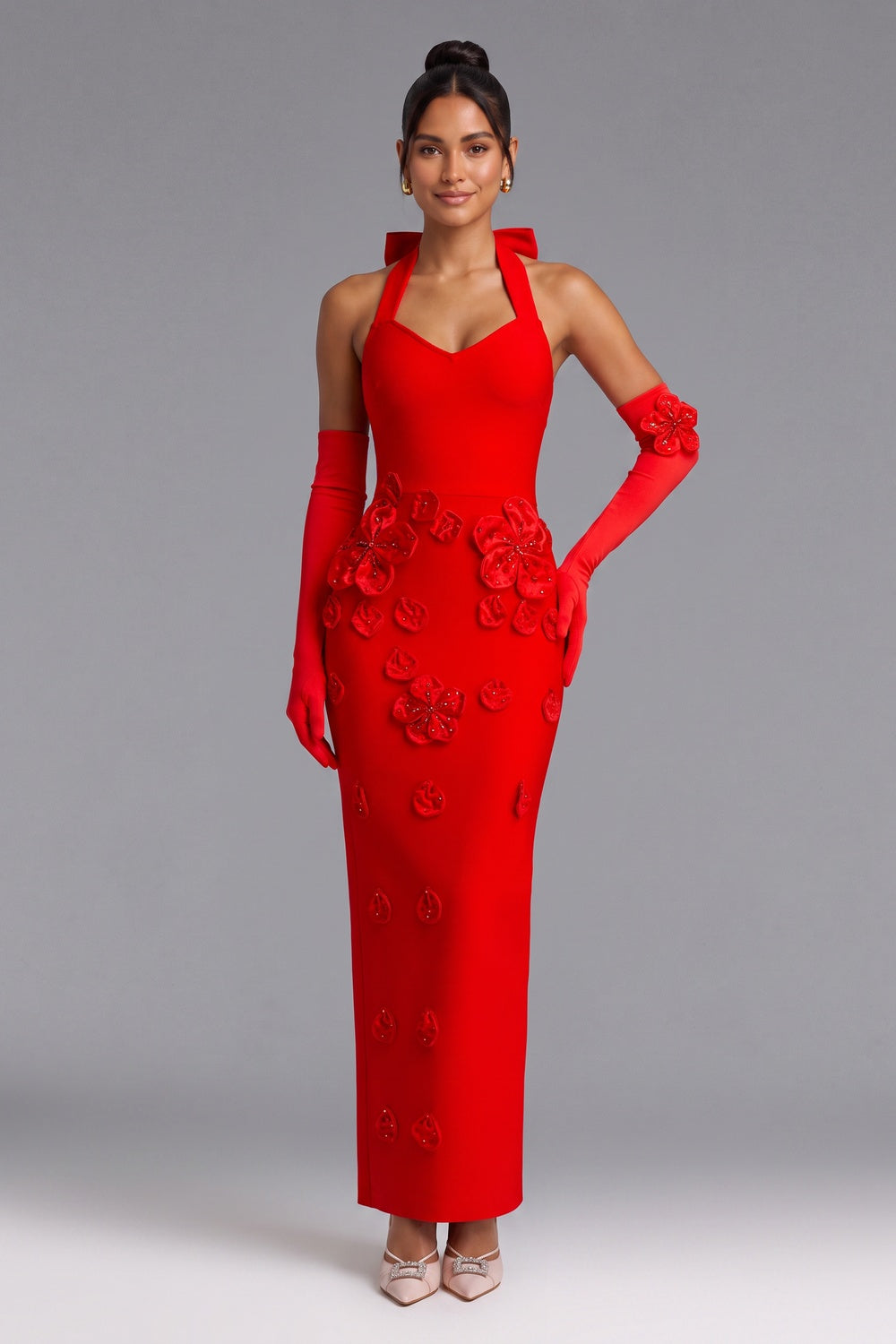 9356b83b54e3bab1 RED HALTER 3D FLORAL FLOOR-LENGTH GOWN