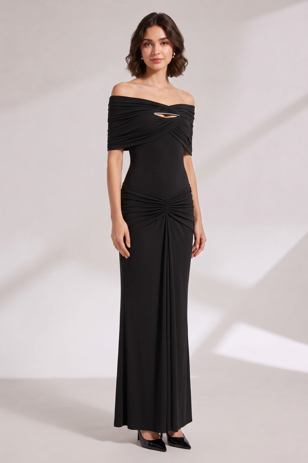 93a1621c4a9cd3e6 OFF-SHOULDER RUCHED BLACK MAXI GOWN EVENING