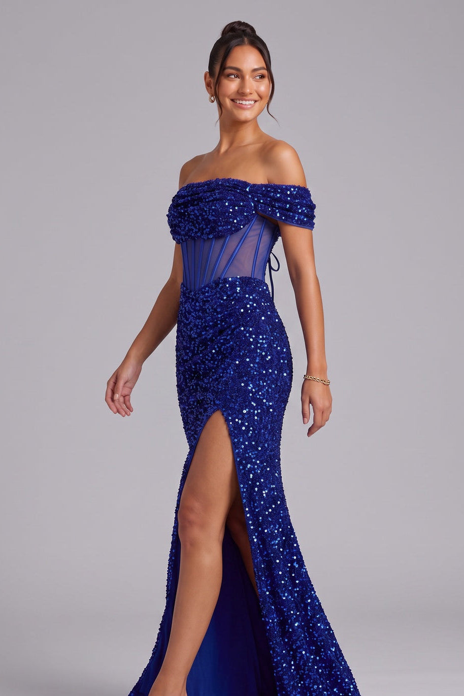 ROYAL BLUE SEQUIN OFF-SHOULDER CORSET BACK GOWN