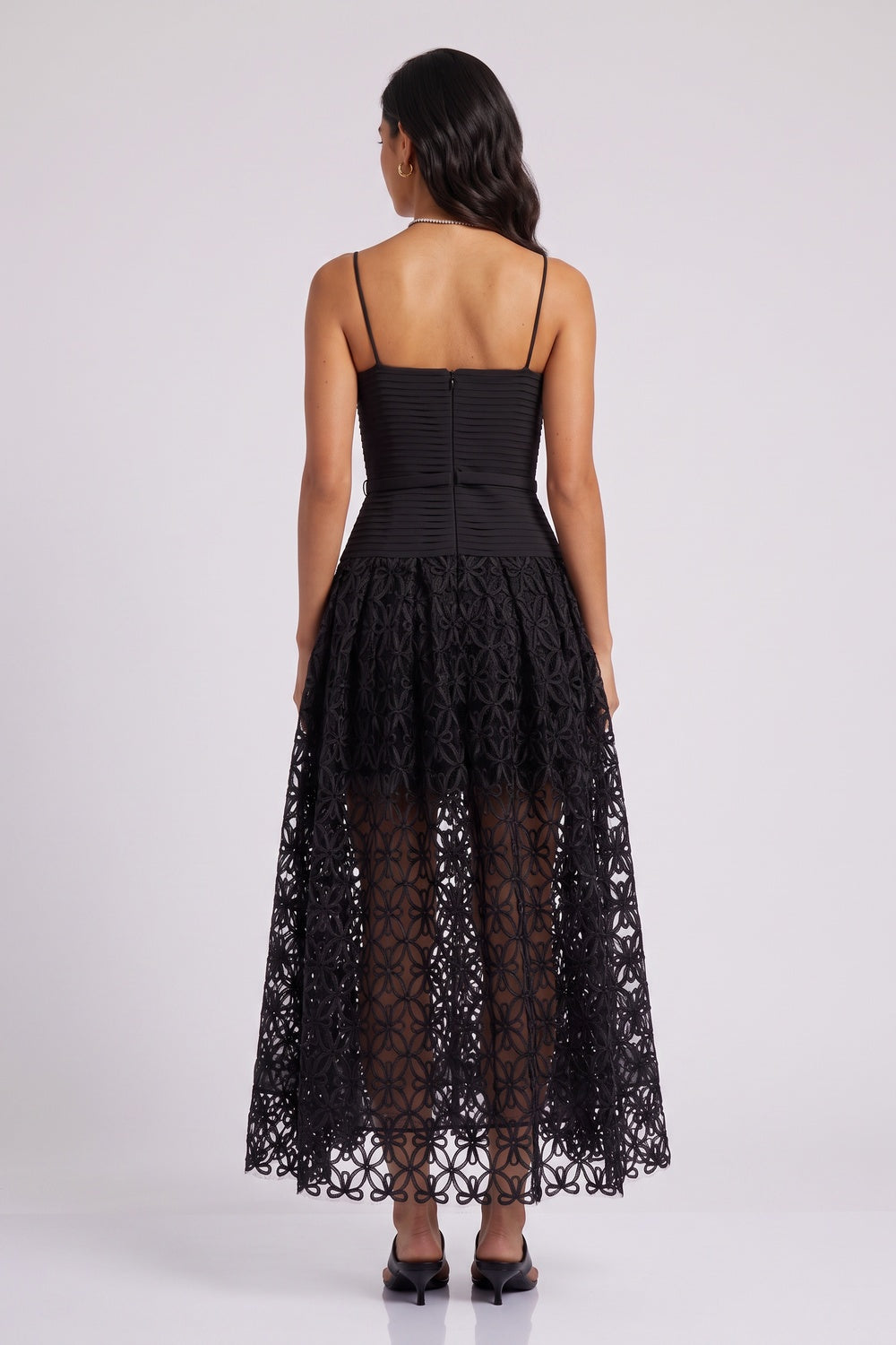941495689d6b4069 BLACK LACE MIDI DRESS, SPAGHETTI STRAP PLEATED BODICE, FLORAL CUTOUT