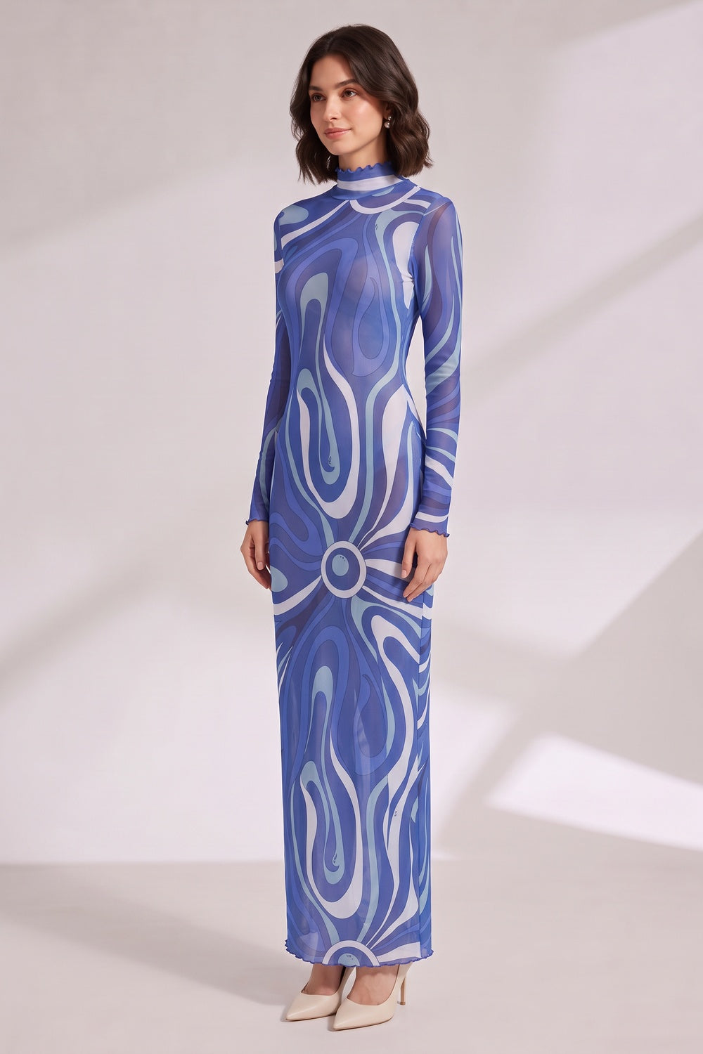 BLUE ABSTRACT PRINT LONG SLEEVE MAXI DRESS