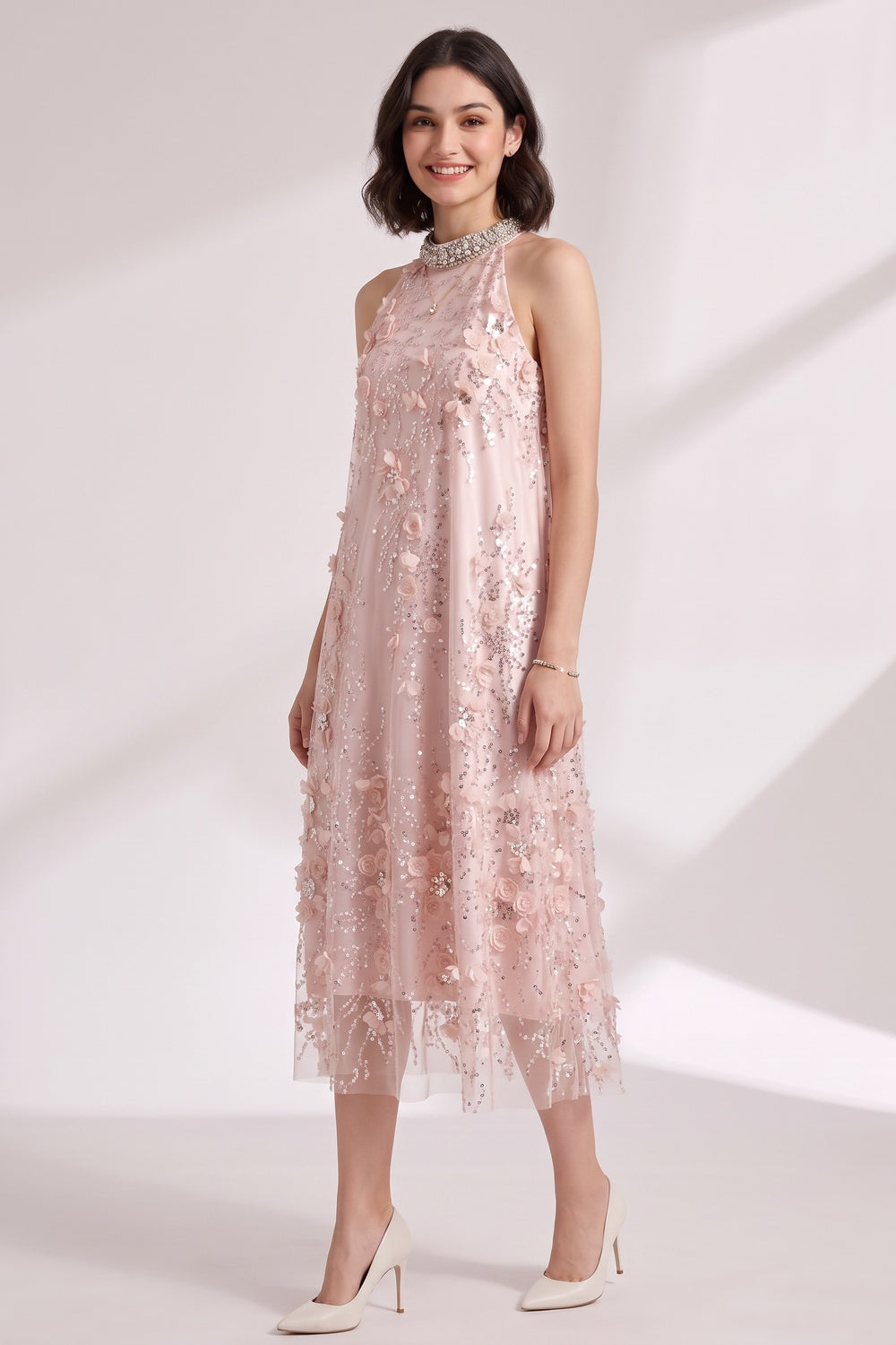 94f5265169b8fde6 BLUSH PINK TULLE A-LINE SHIFT DRESS FLORAL EMBELLISHMENT