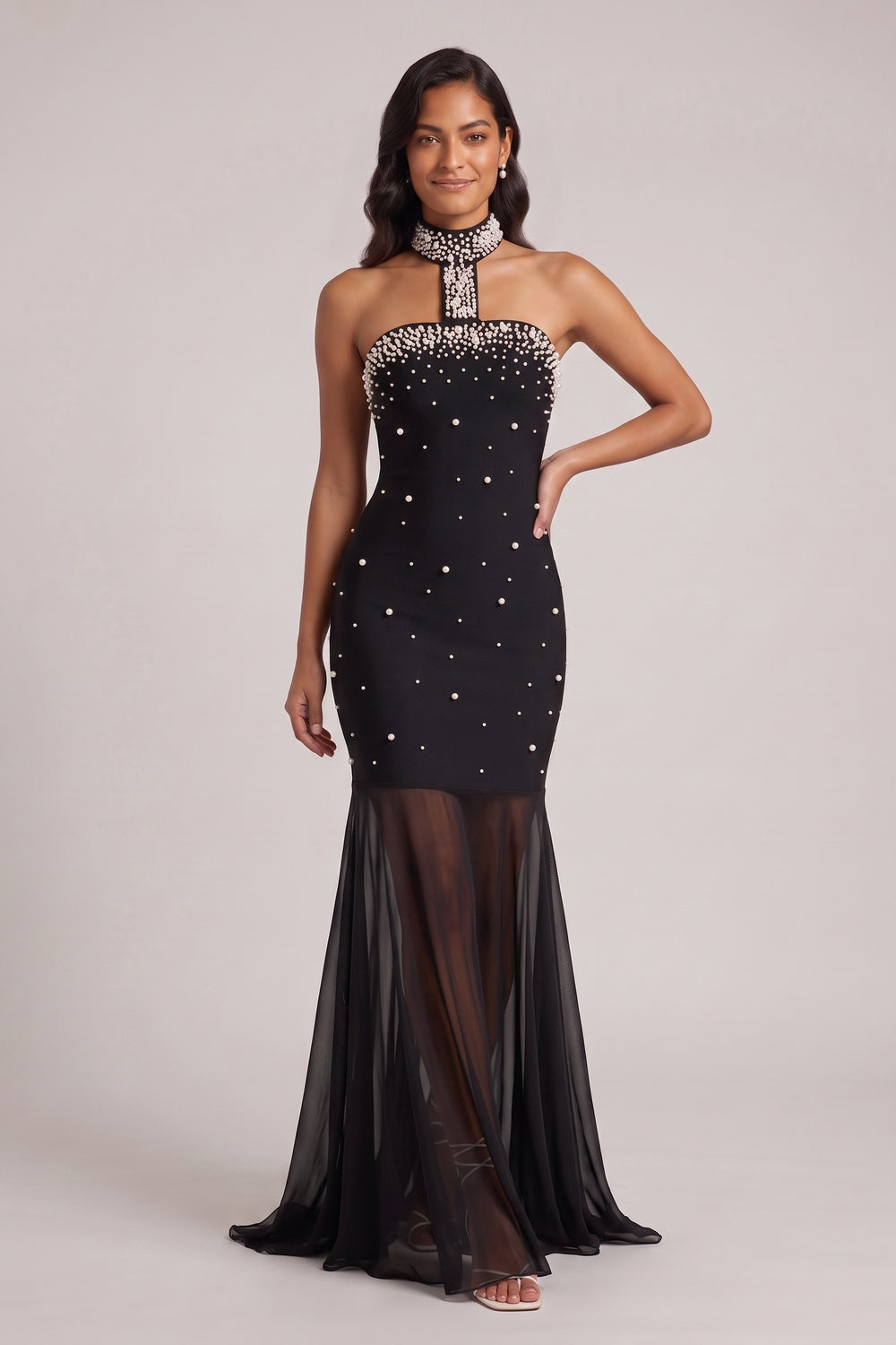951bc6e007fa00f3 BLACK PEARL HALTER MERMAID EVENING GOWN