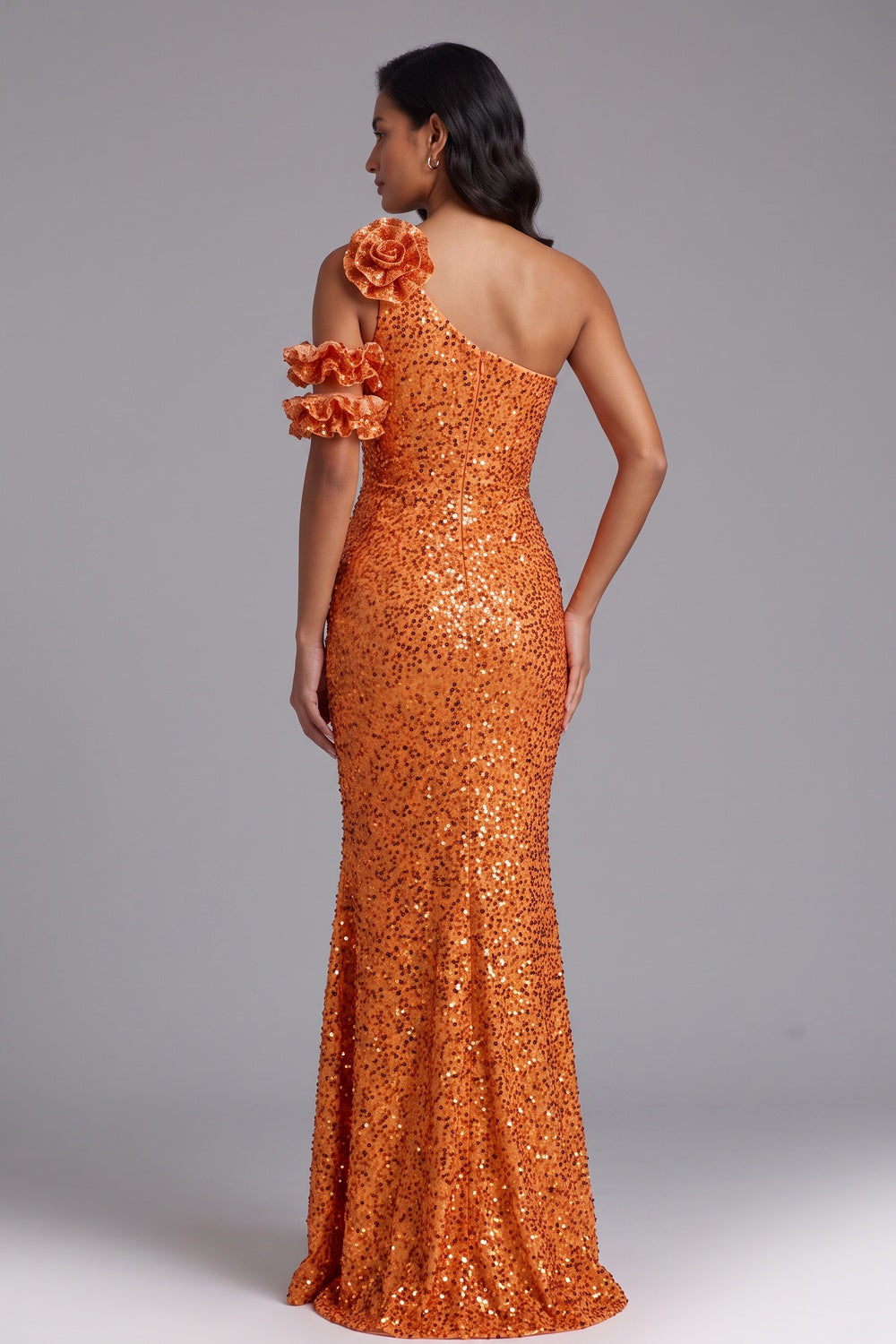 95463bdefa90bd32 ORANGE SEQUIN ONE-SHOULDER FLOOR-LENGTH GOWN