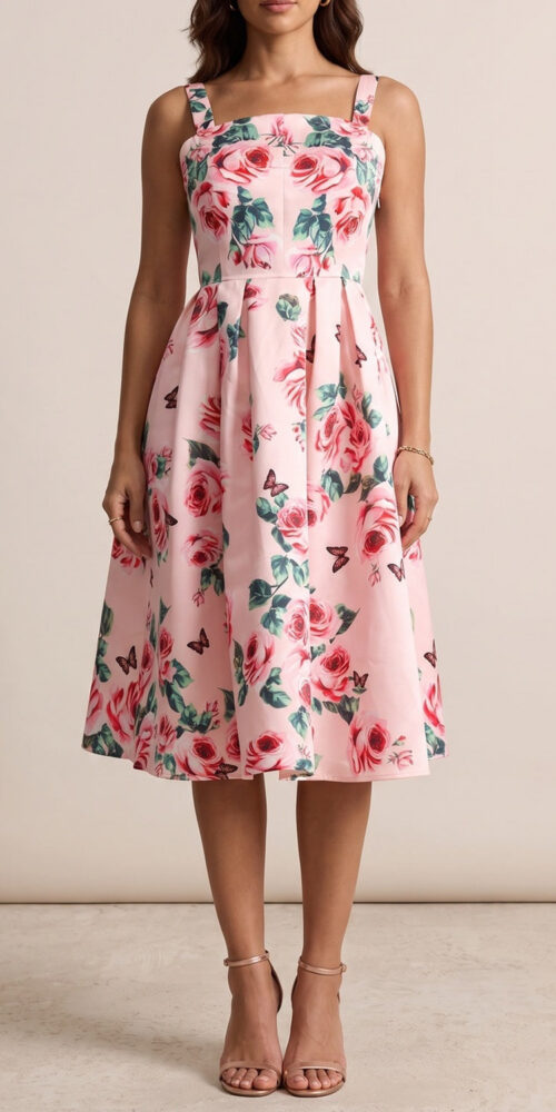 9562b7b6e9e51d19 PINK ROSE PRINT SQUARE NECK FIT-FLARE MIDI DRESS