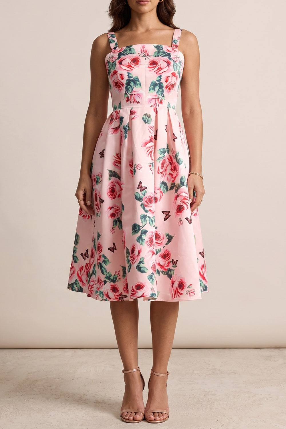 9562b7b6e9e51d19 PINK ROSE PRINT SQUARE NECK FIT-FLARE MIDI DRESS