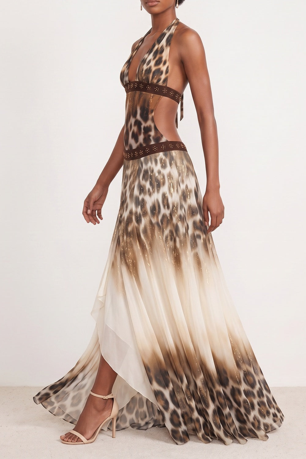HALTER LEOPARD MAXI DRESS BEADED SPLIT EVENING