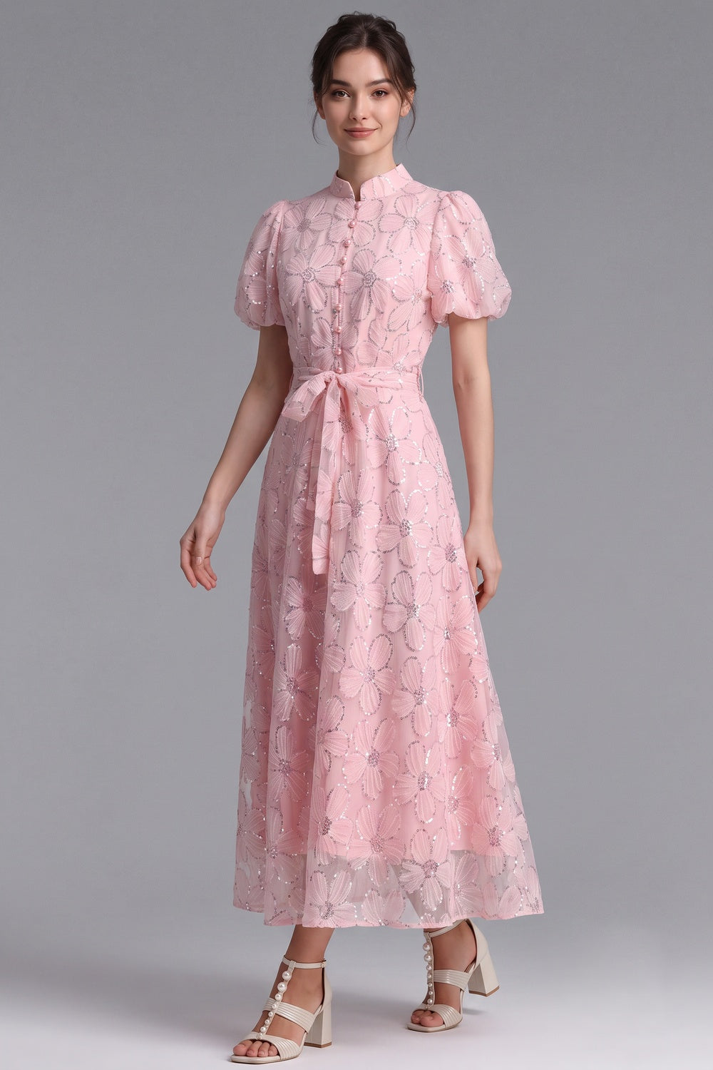 LIGHT PINK SHEER ORGANZA A-LINE MIDI DRESS FLORAL APPLIQUE