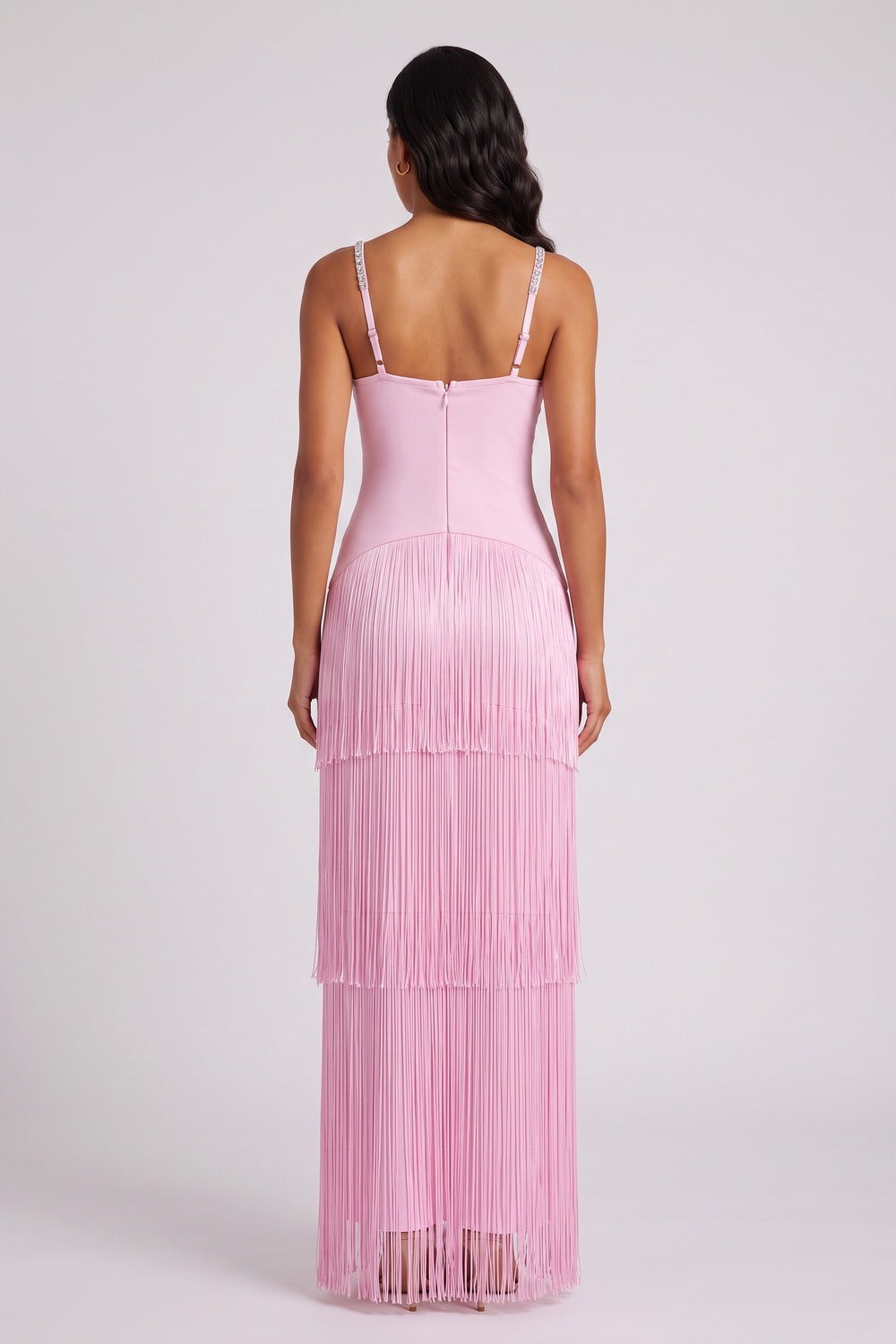 95f393fc537cad9d RHINESTONE FLORAL FRINGE STRAP MAXI DRESS