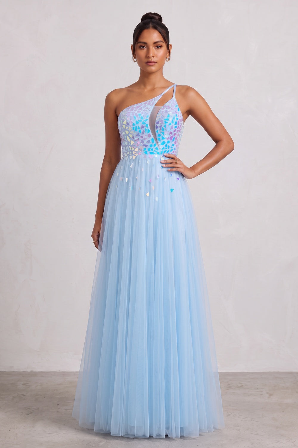 95fd0423edf68b8d LIGHT BLUE IRIDESCENT TULLE LACE-UP BACK EVENING GOWN