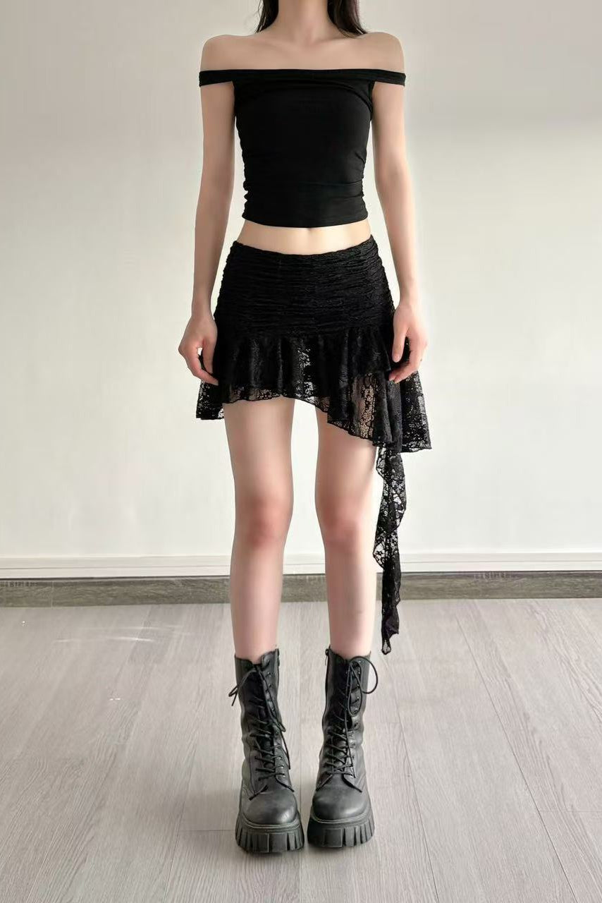 9661088fe75770776635ffeed3db6410 RUCHED LACE ASYMMETRIC MINI SKIRT FOR PARTY