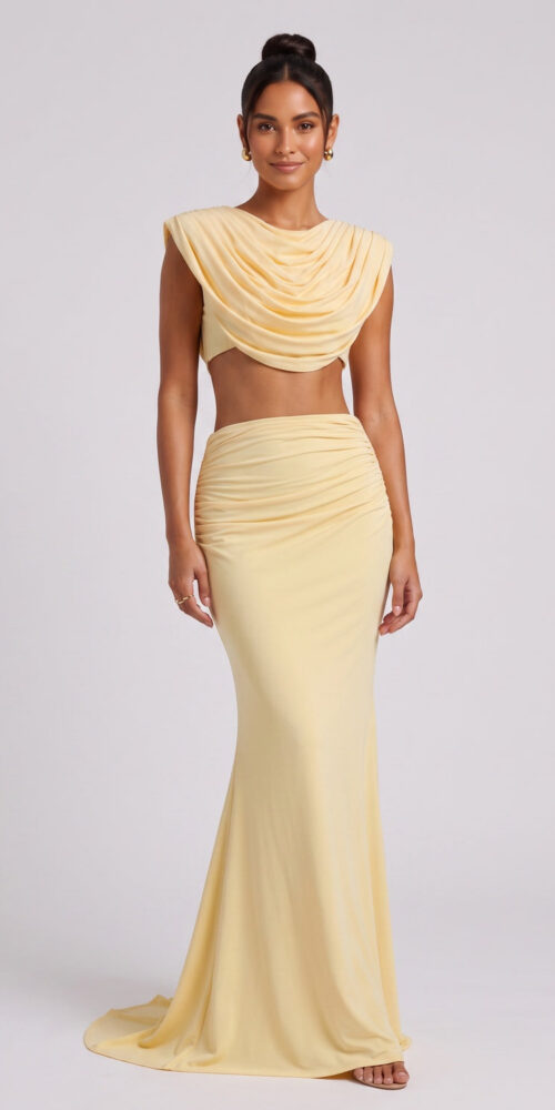 COWL NECK DRAPED SET, PALE YELLOW, WEDDING GUEST