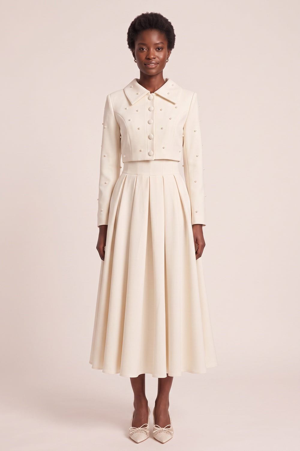 97078afa1d921631 PEARL COLLAR CROP BLAZER & PLEATED MIDI SKIRT SET