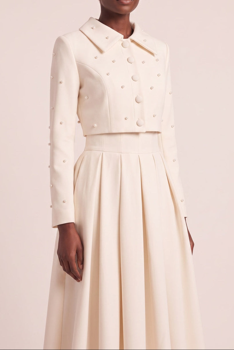 975645e7050272f1 PEARL COLLAR CROP BLAZER & PLEATED MIDI SKIRT SET