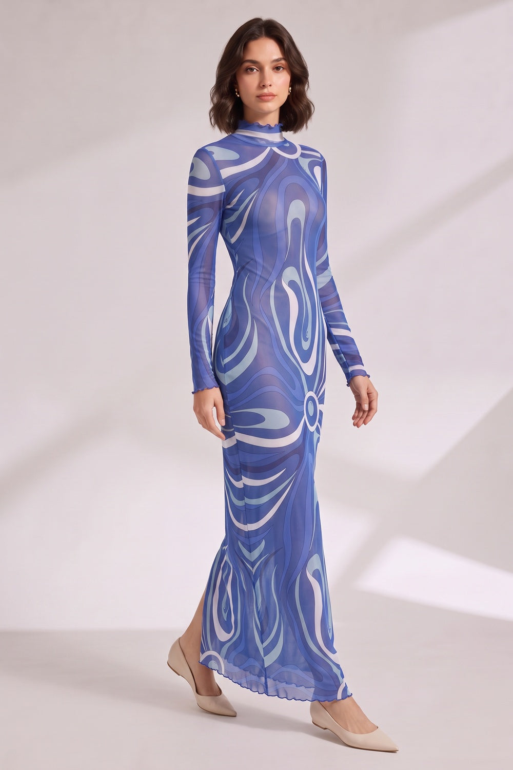 BLUE ABSTRACT PRINT LONG SLEEVE MAXI DRESS