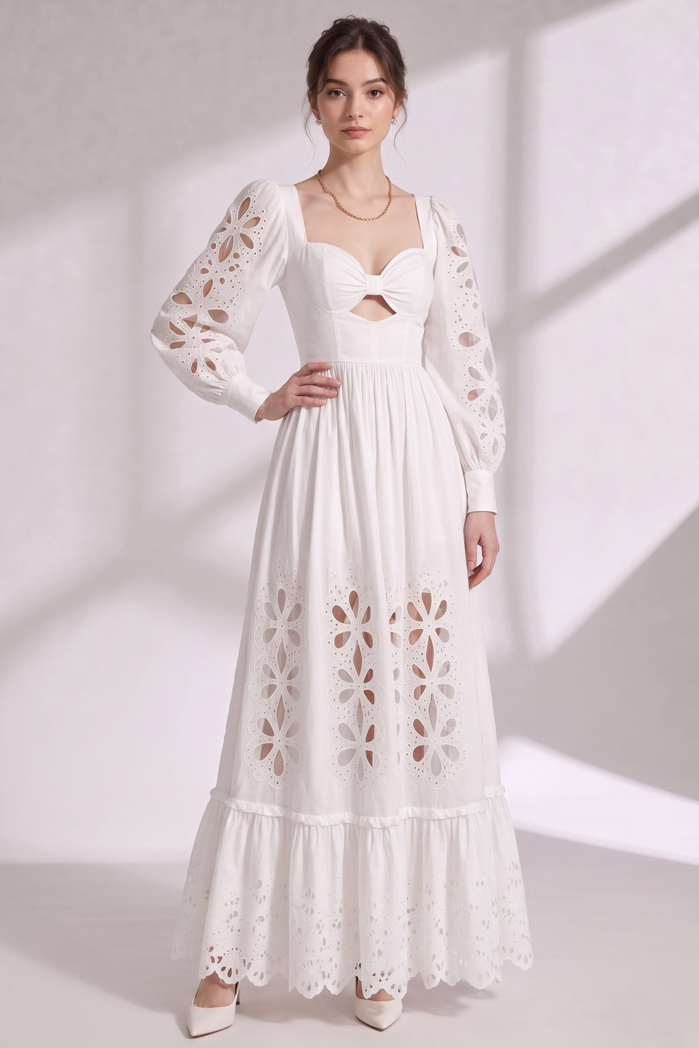WHITE EYElet A-LINE MAXI DRESS COTTON POPLIN