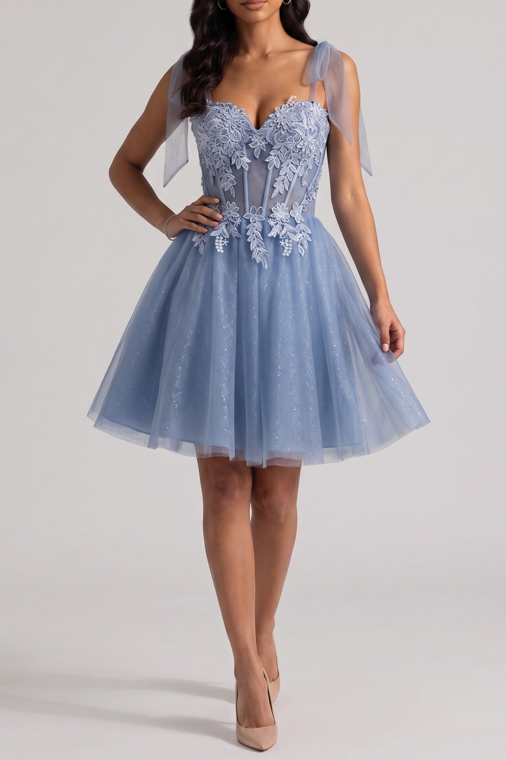 TULLE BOW STRAP LACE CORSET MINI DRESS