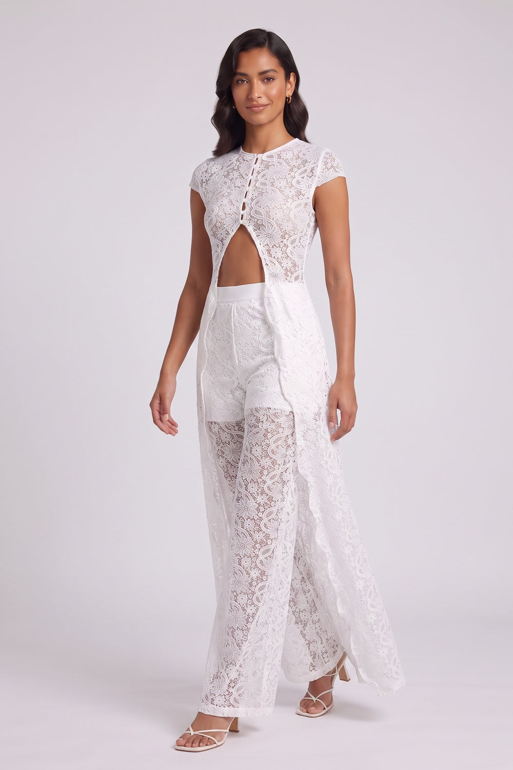 WHITE LACE SLIM-FIT MAXI TUNIC & WIDE-LEG PANTS SET