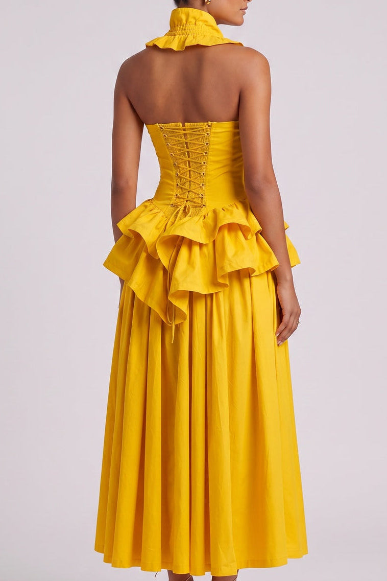 97feccc61d9b5c59 YELLOW RUFFLED PEPLUM MIDI DRESS FOR WEDDING GUEST