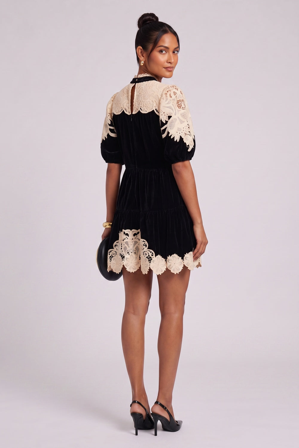 BLACK VELVET BABYDOLL A-LINE DRESS WITH LACE OVERLAY