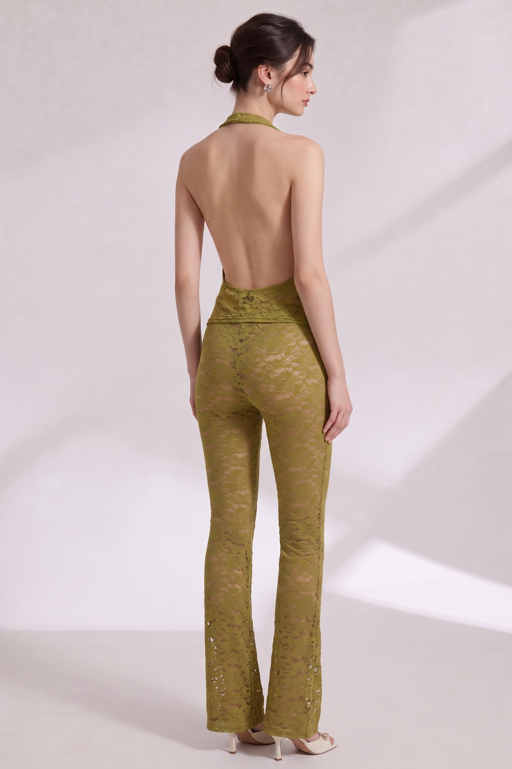 982f36917547dc24 OLIVE GREEN LACE HALTER COWL NECK TOP & FLARED PANTS SET