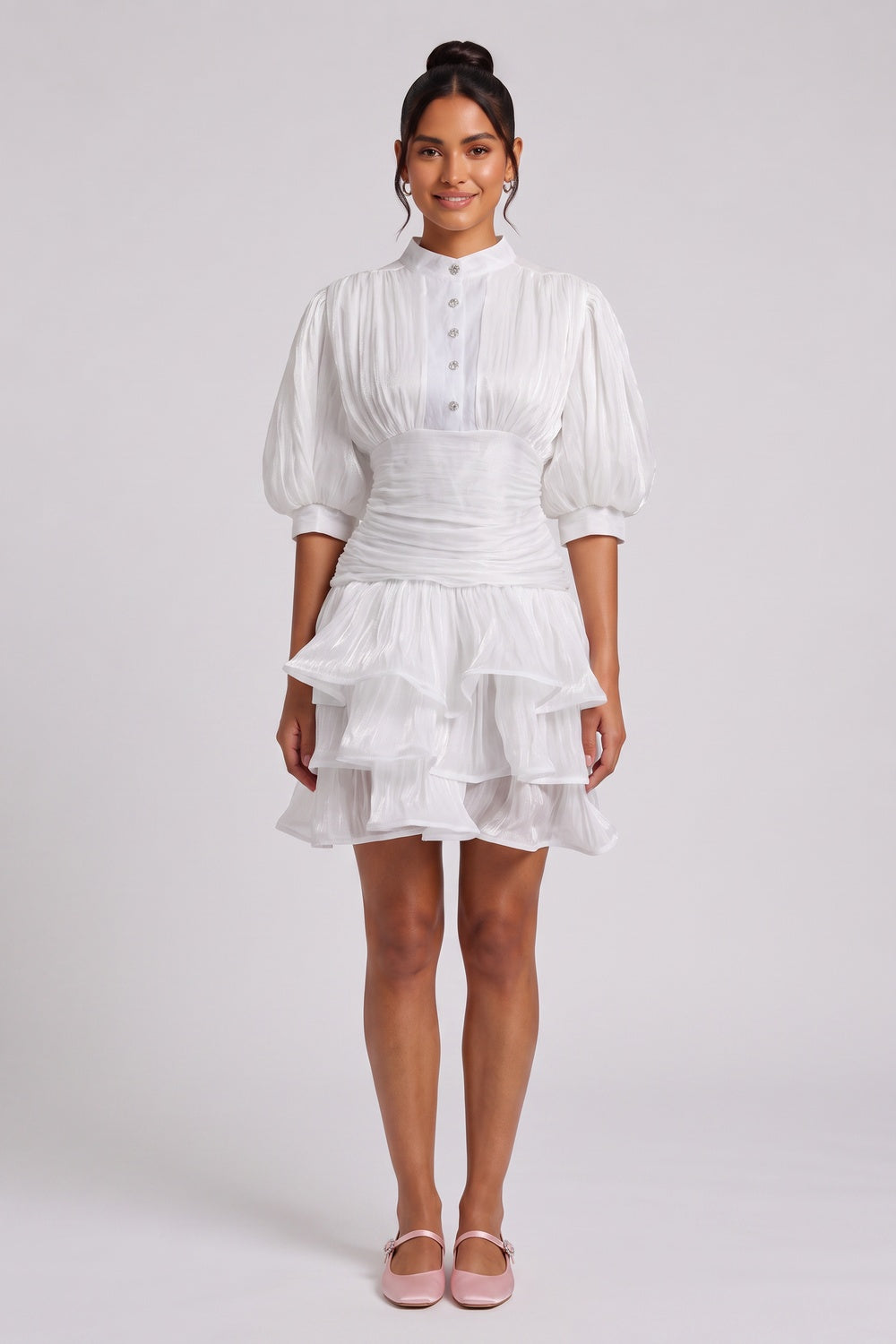 WHITE TIERED RUFFLE MINI DRESS FOR COCKTAIL PARTY