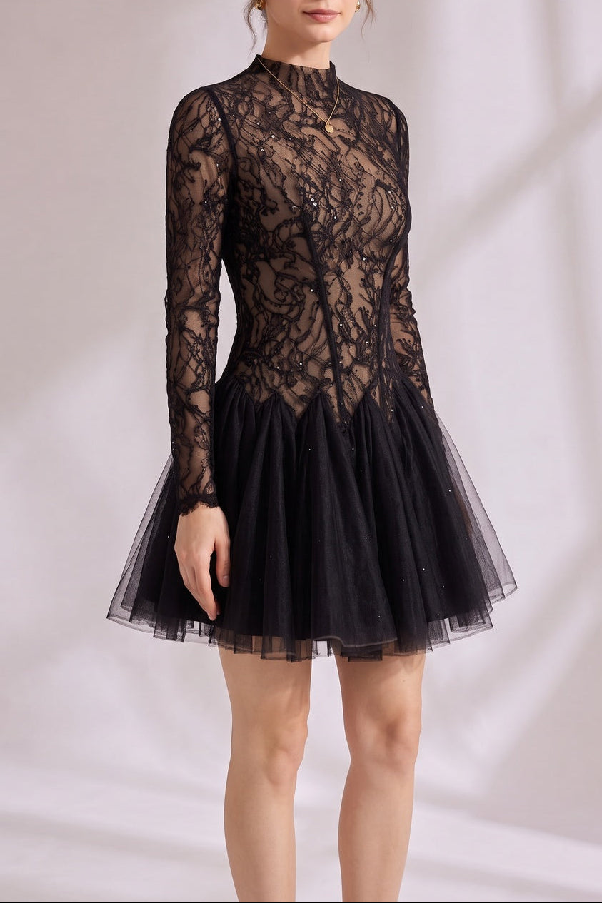 98bb4f859952c5e0 BLACK SHEER LACE HIGH NECK LONG SLEEVE TULLE MINI DRESS